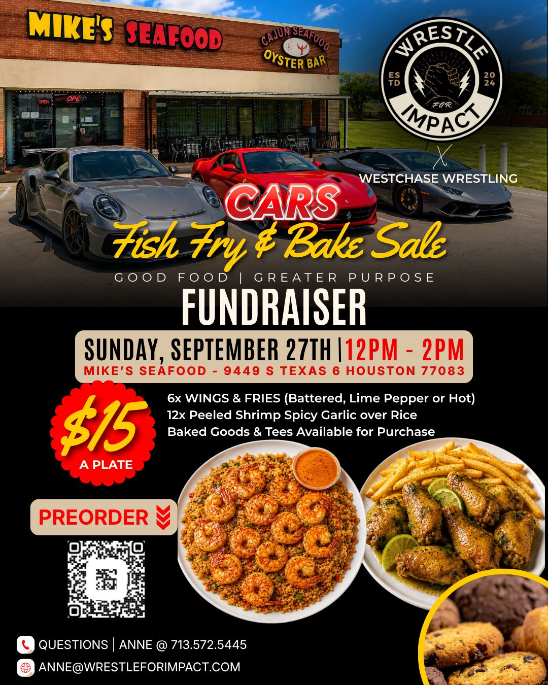 Flyer for the Mike's Seafood Cars, Fish Fry and Bake Sale fundraiser
