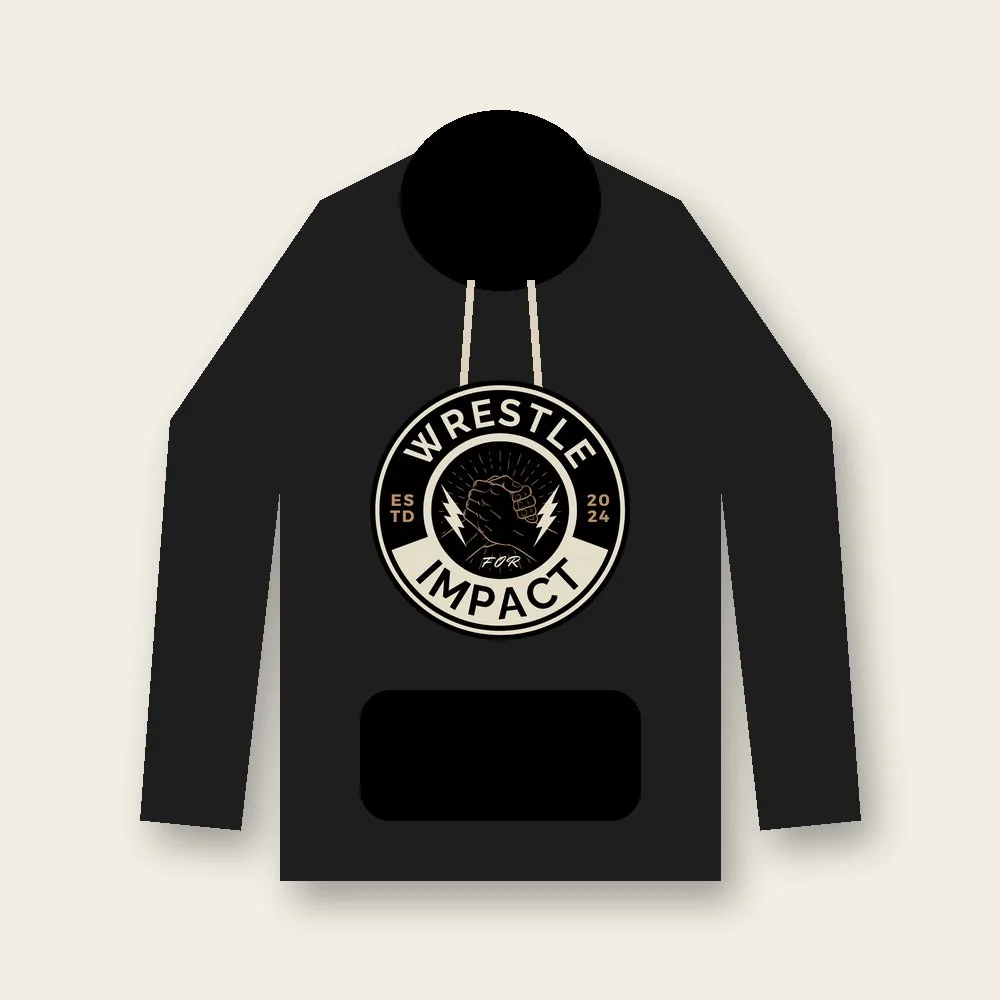 Black hooded sweatshirt with the Wrestle for Impact logo