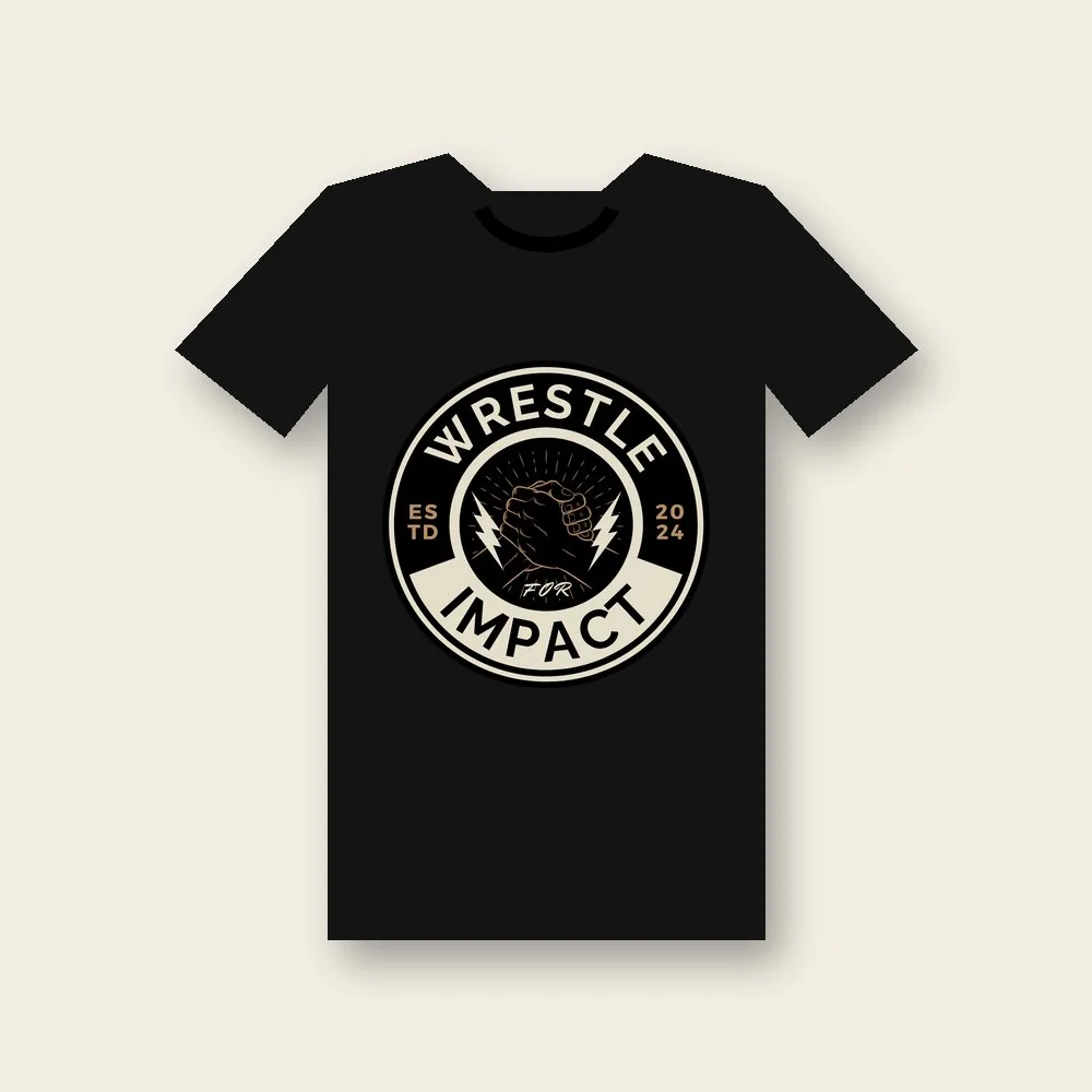 Black t-shirt with the Wrestle for Impact circle logo on the chest