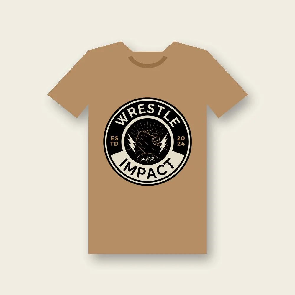 Gold t-shirt with the Wrestle for Impact circle logo on the chest